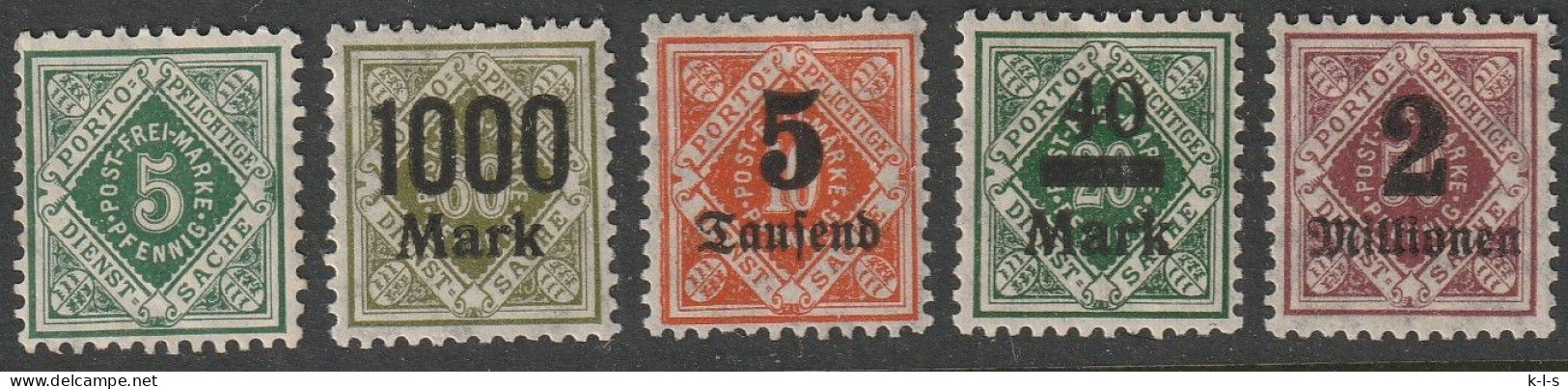 Altd.- Württemberg: Dienstmarken: 5 Versch. Werte, Mi. Nr. 114, 164, 171, 173, 180.   */MH - Nuevos