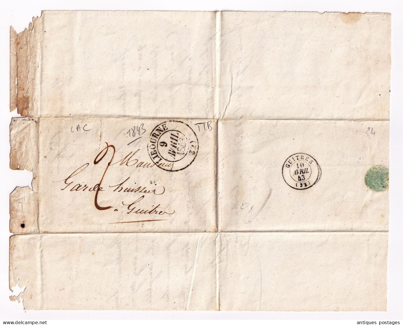 Lettre 1843 Avec Correspondance Libourne Pour Guîtres Gironde - 1801-1848: Precursors XIX