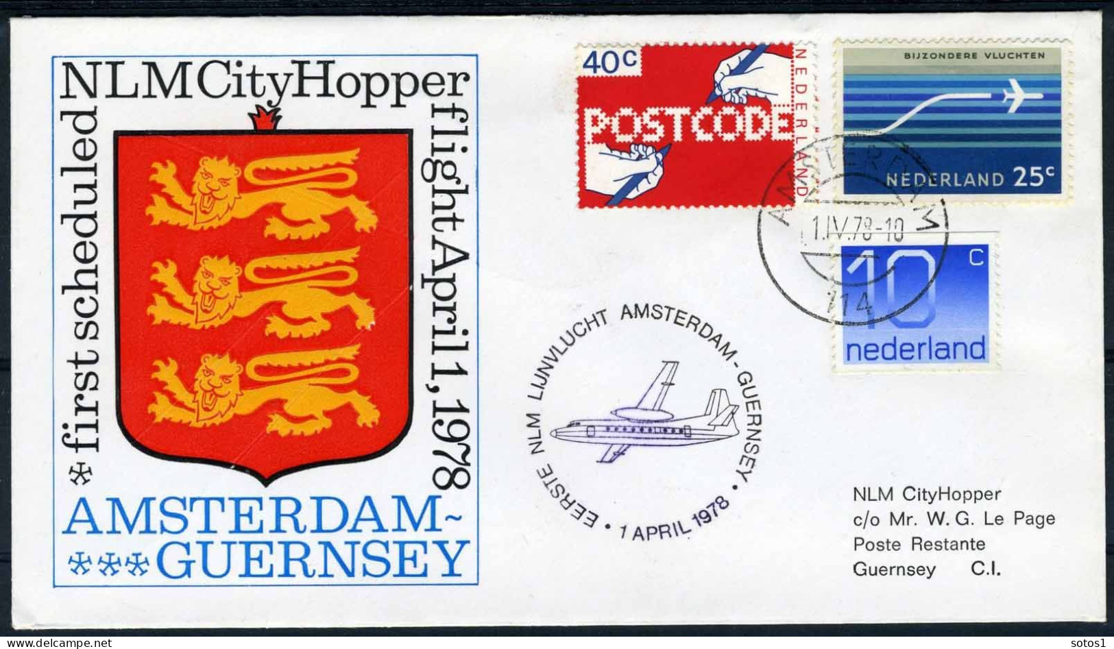 NEDERLAND 1e VLUCHT NLM City Hopper AMSTERDAM - GUERNSEY  - Airmail