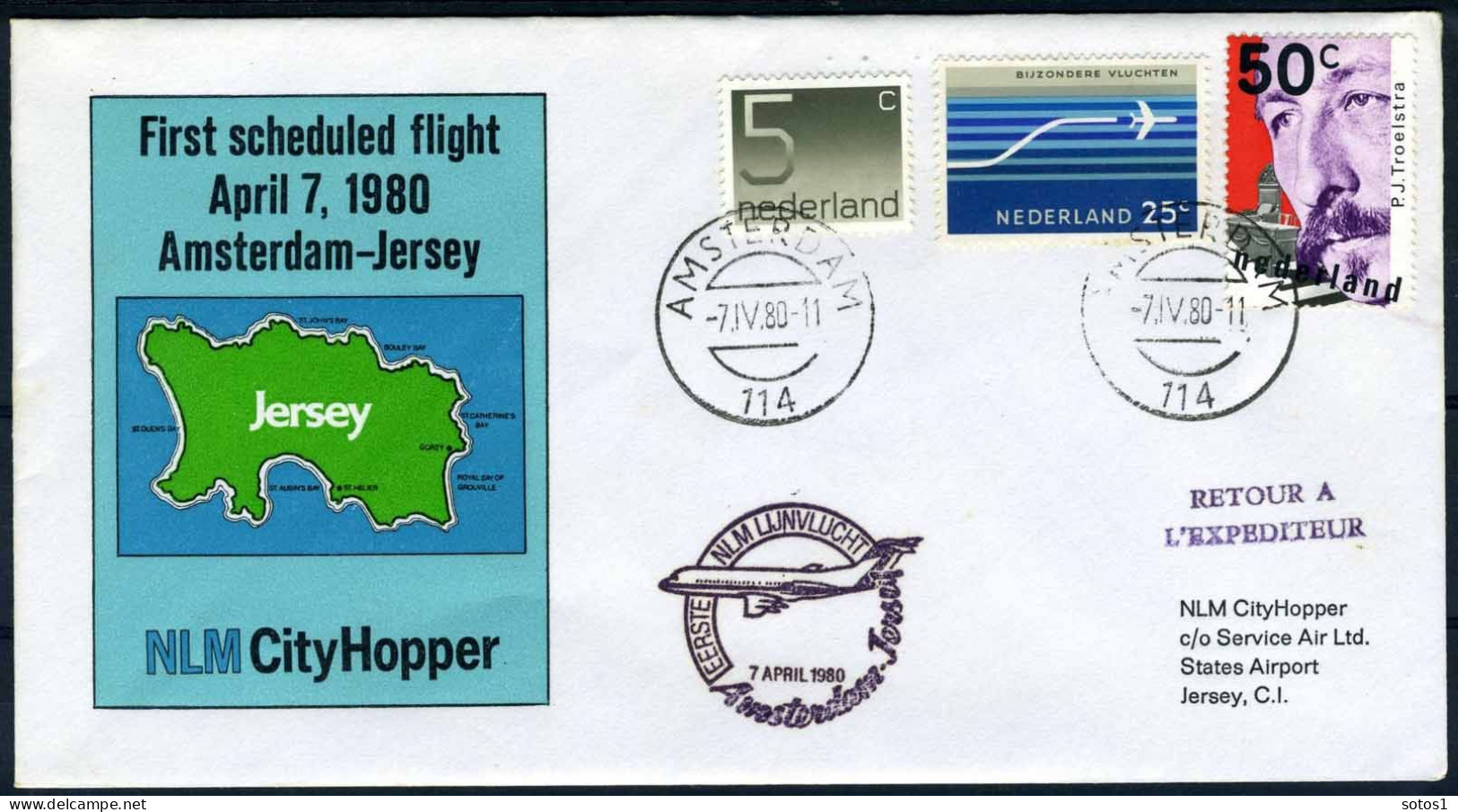 NEDERLAND 1e VLUCHT NLM City Hopper AMSTERDAM - JERSEY 7/04/1980 - Airmail