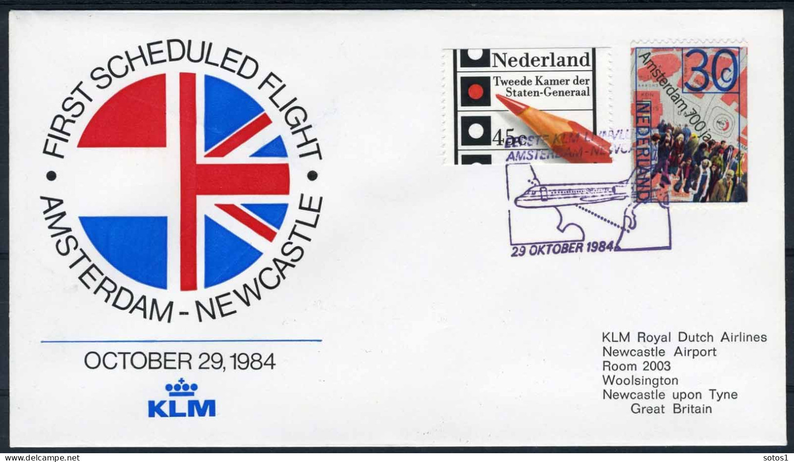 NEDERLAND 1e VLUCHT AMSTERDAM - NEWCASTLE 29/10/1984 - Airmail
