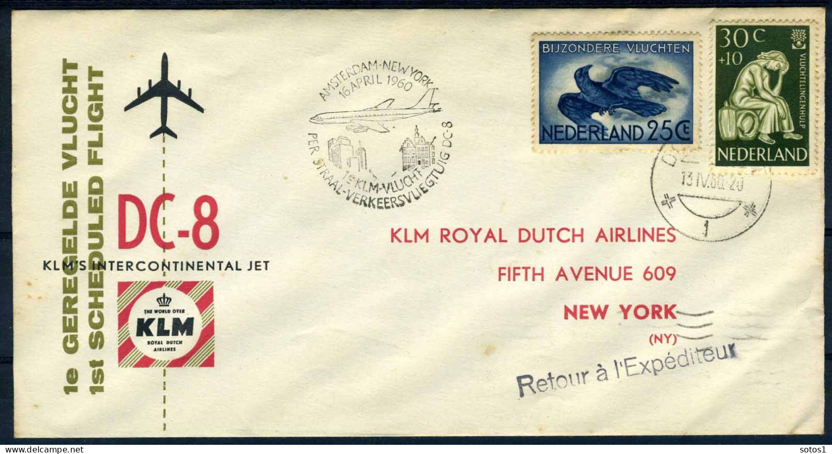 NEDERLAND 1e VLUCHT AMSTERDAM - NEW YORK 16/04/1960 - Poste Aérienne