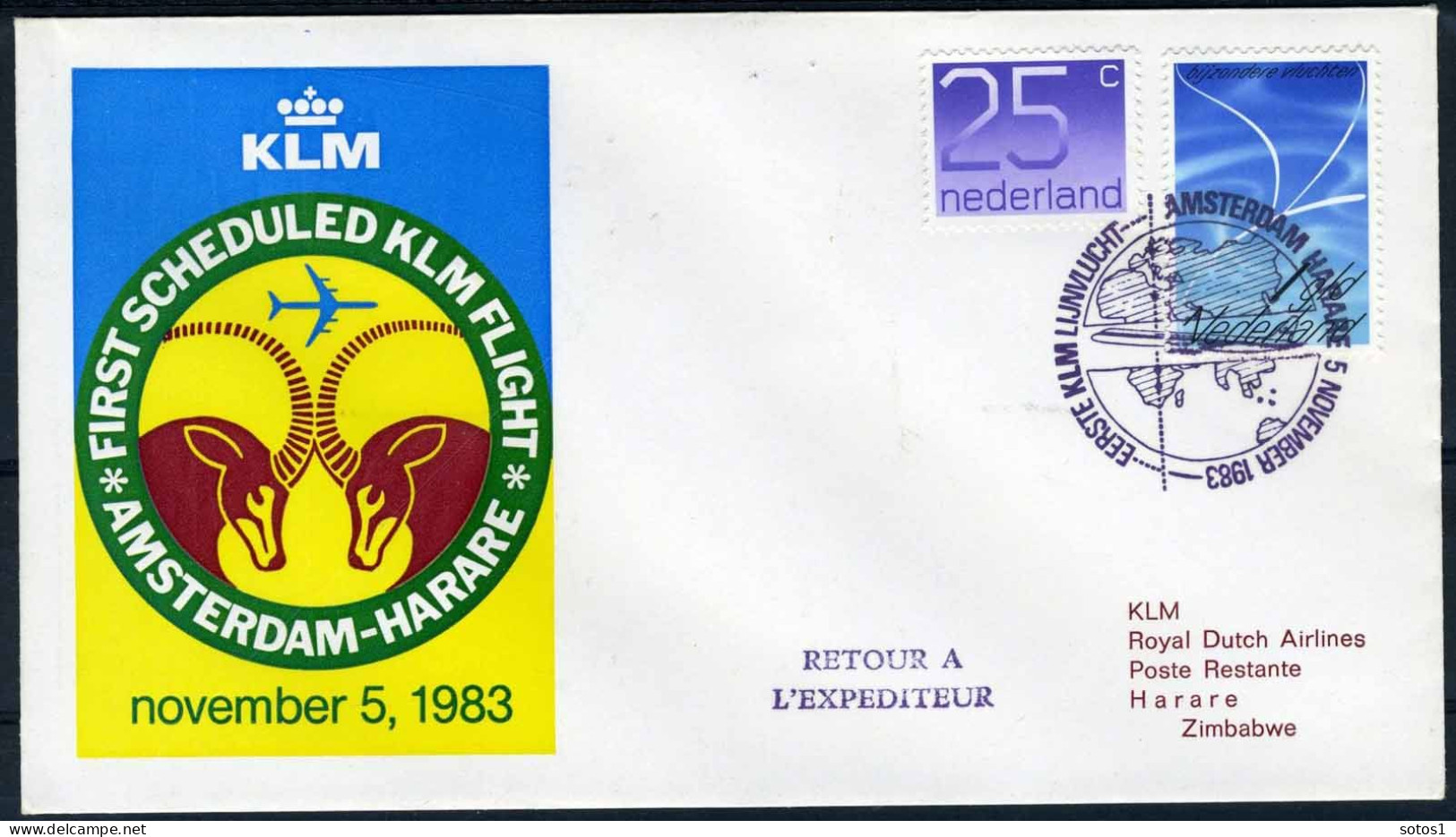 NEDERLAND 1e VLUCHT AMSTERDAM - HARARE 5/11/1983 - Airmail