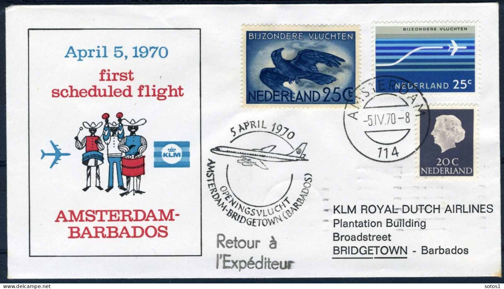 NEDERLAND 1e VLUCHT AMSTERDAM - BRIDGETOWN BARBADOS  - Correo Aéreo