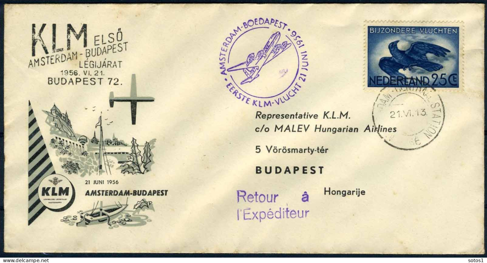 NEDERLAND 1e VLUCHT AMSTERDAM - BOEDAPEST 21/06/1956 - Luchtpost