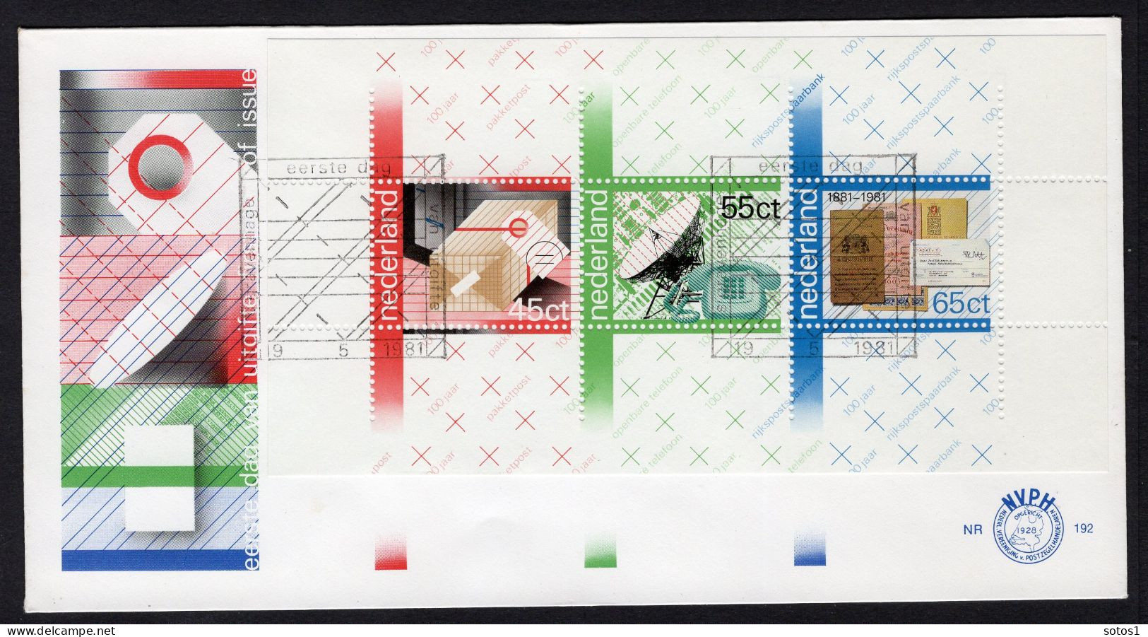 NEDERLAND E192a FDC 1981 - Blok 100 Jaar P.T.T. Diensten -1 - FDC