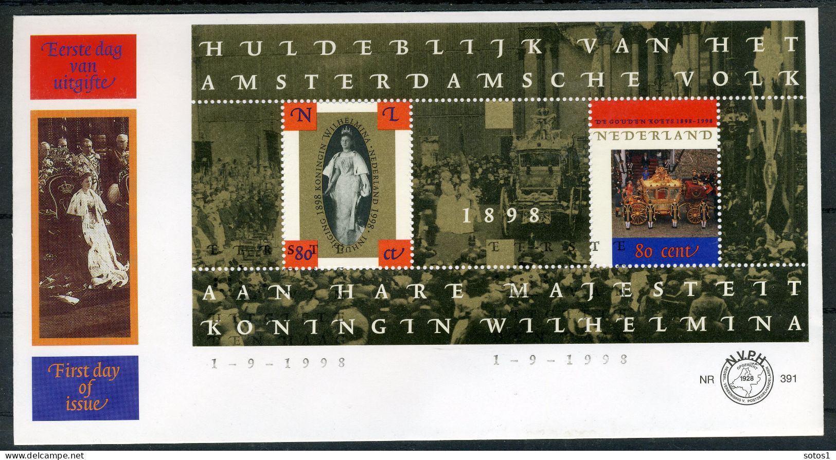 NEDERLAND E391 FDC 1998 - Blok 100 Jaar Inhuldiging En Gouden Koets -1 - FDC