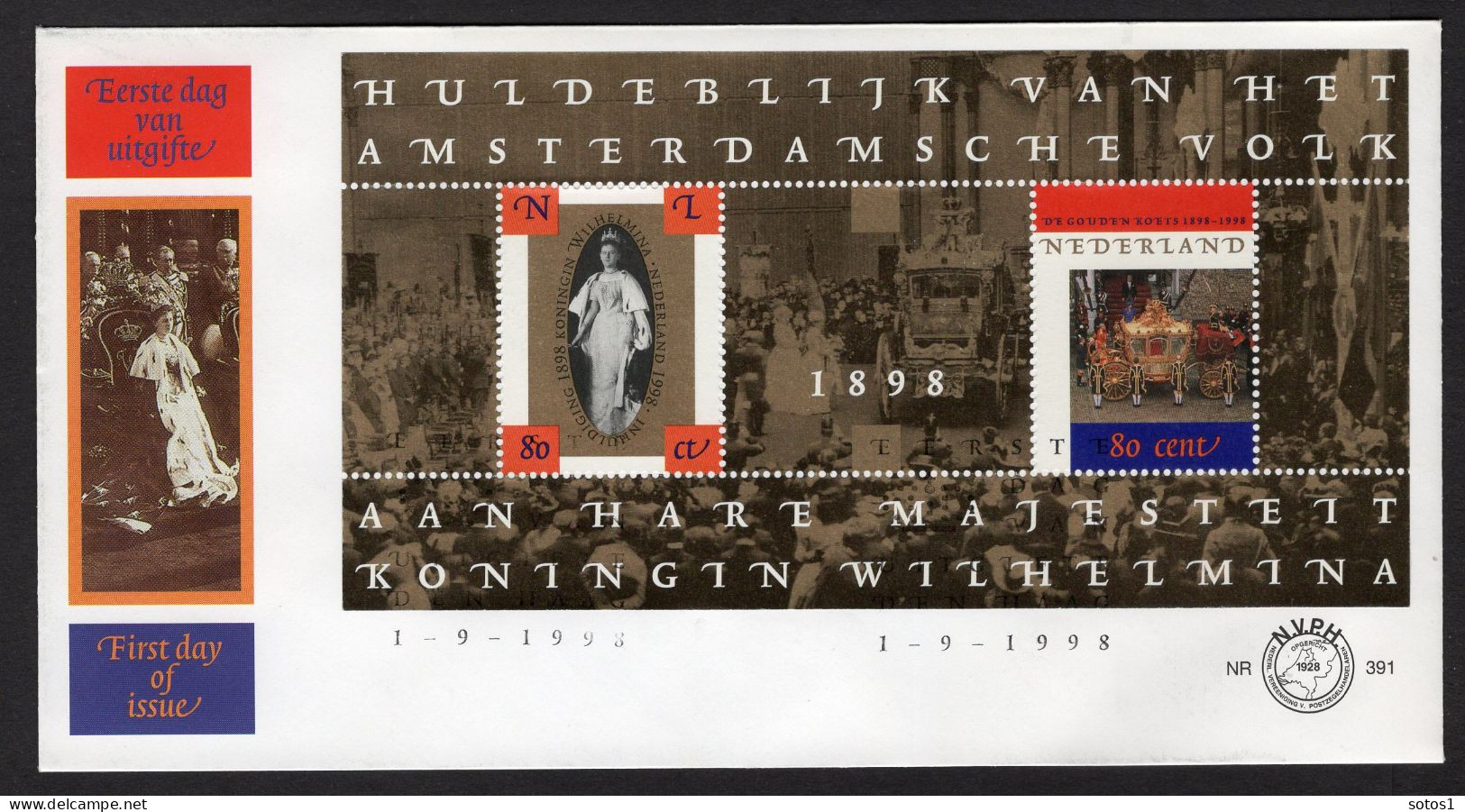 NEDERLAND E391 FDC 1998 - Blok 100 Jaar Inhuldiging En Gouden Koets - FDC