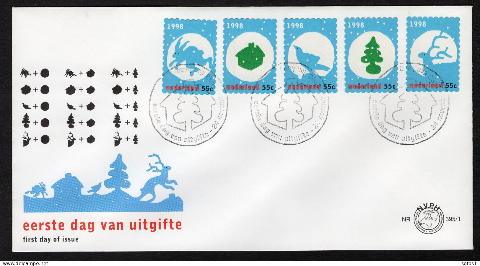 NEDERLAND E395 FDC 1998 - Decemberzegels Op 4 Enveloppen - FDC