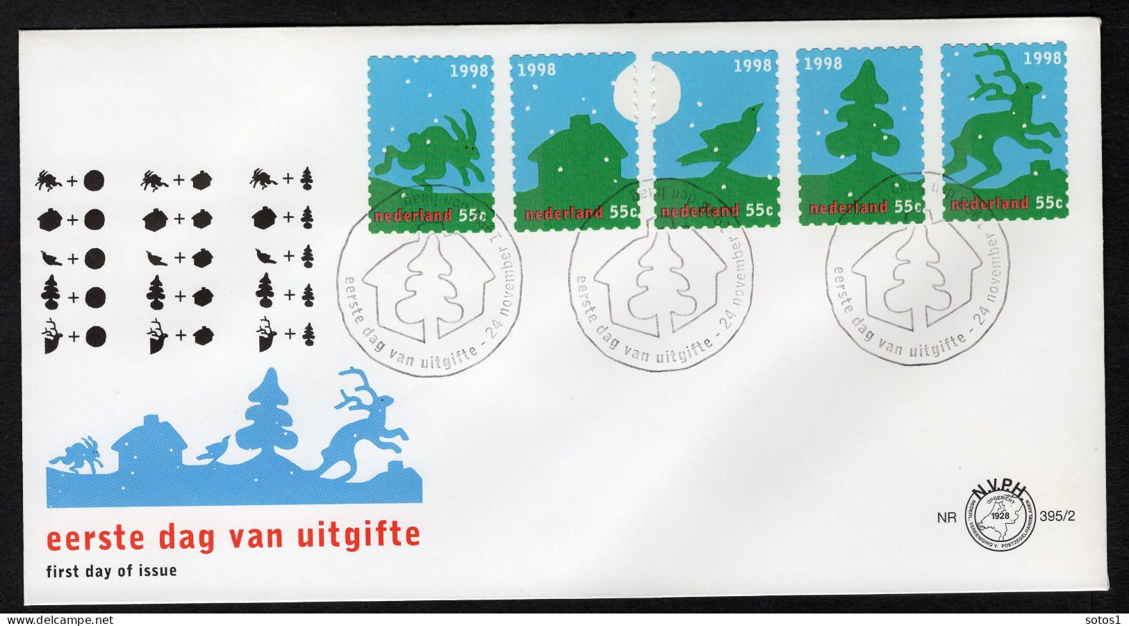 NEDERLAND E395 FDC 1998 - Decemberzegels Op 4 Enveloppen - FDC