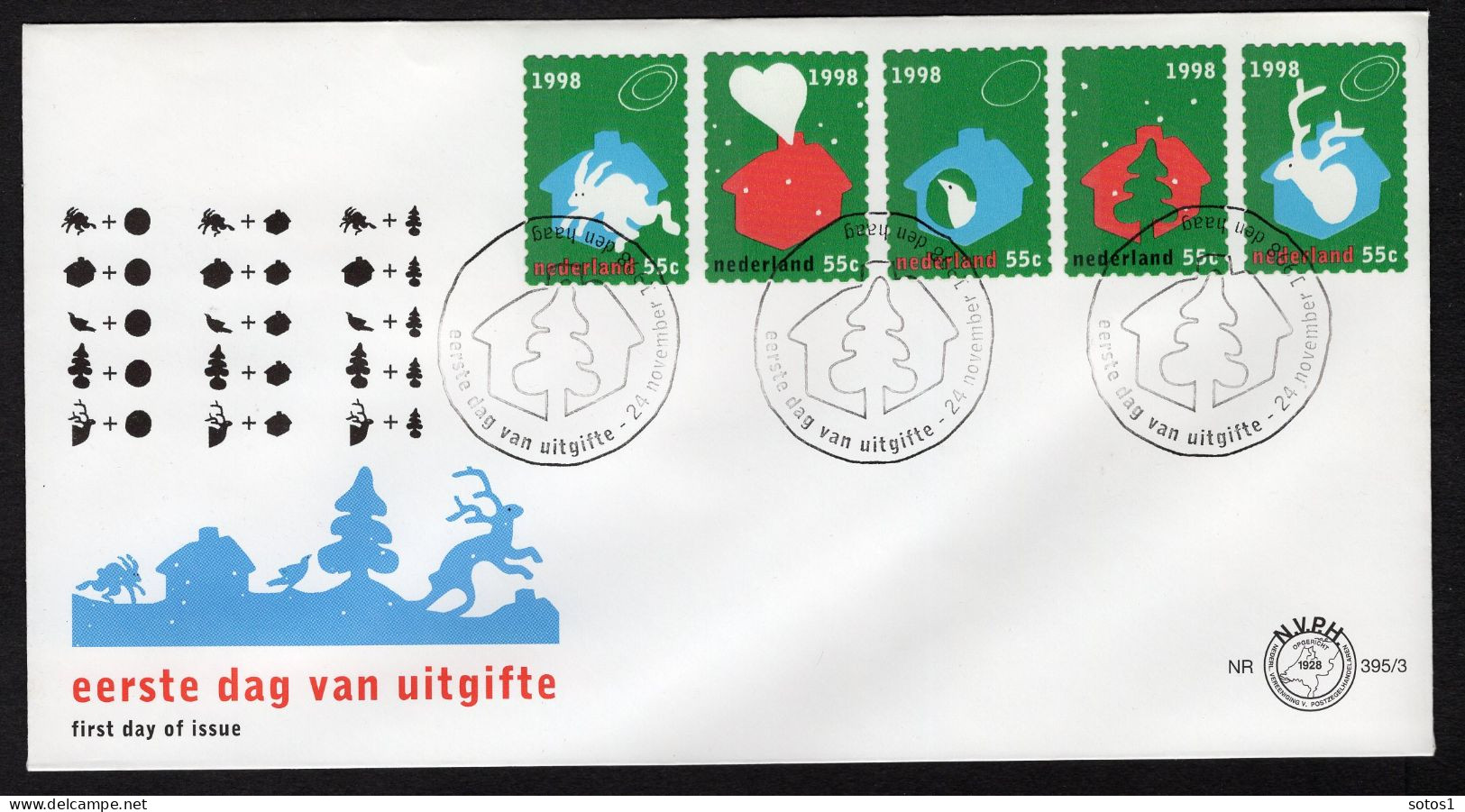 NEDERLAND E395 FDC 1998 - Decemberzegels Op 4 Enveloppen - FDC