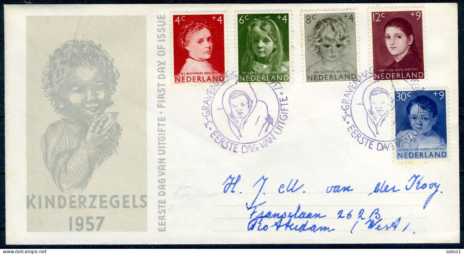 NEDERLAND E33 FDC 1957 - Kinderzegels (met Adres) - FDC