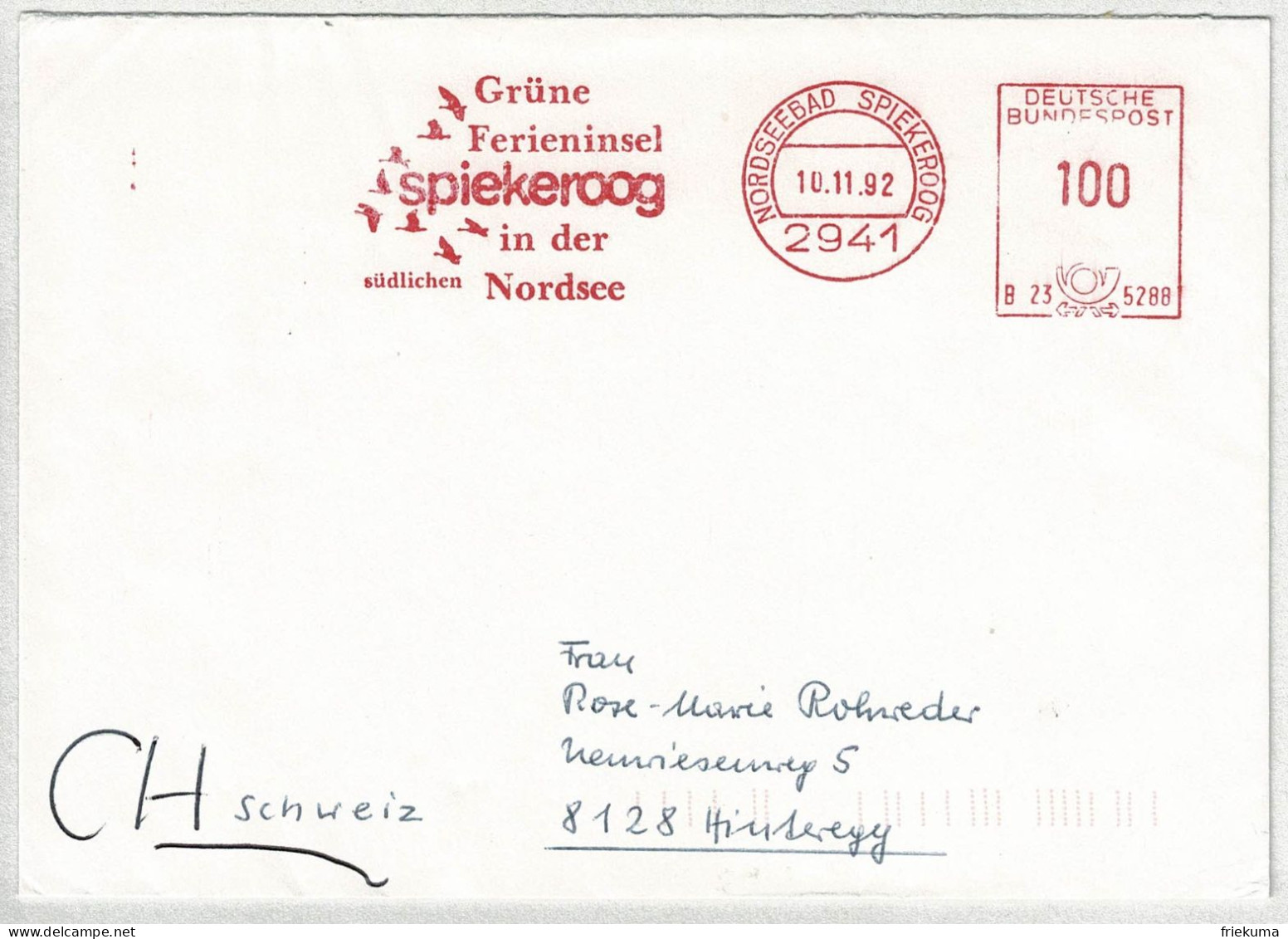Deutschland 1992, Brief Freistempel / EMA / Meterstamp Nordseebad Spiekeroog - Hinteregg (Schweiz), Vögel / Birds - Autres & Non Classés