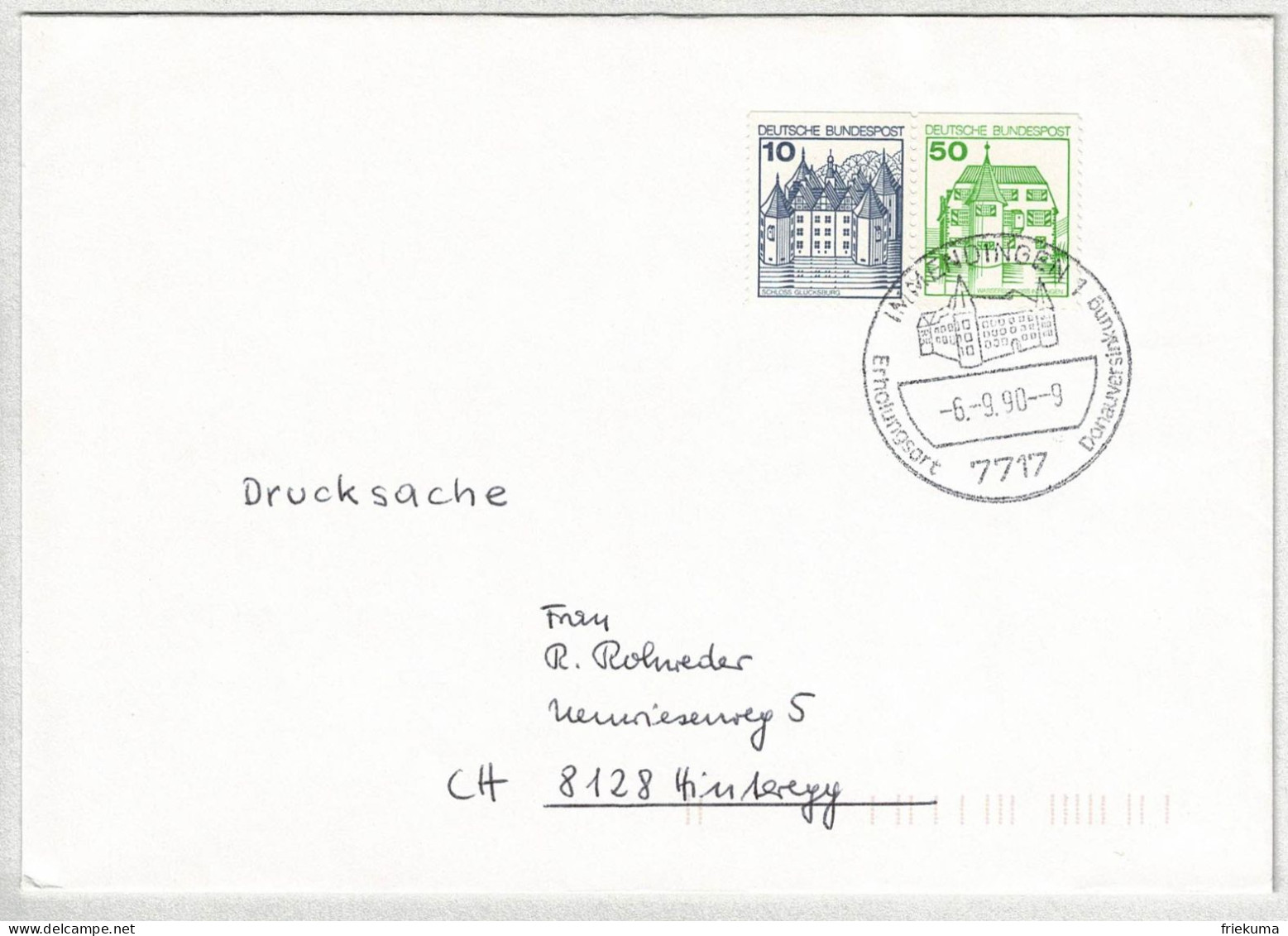Deutsche Bundespost 1990. Brief Drucksache Immendingen - Hinteregg (Schweiz), Erholungsort, Donau, Schloss / Castle - Châteaux