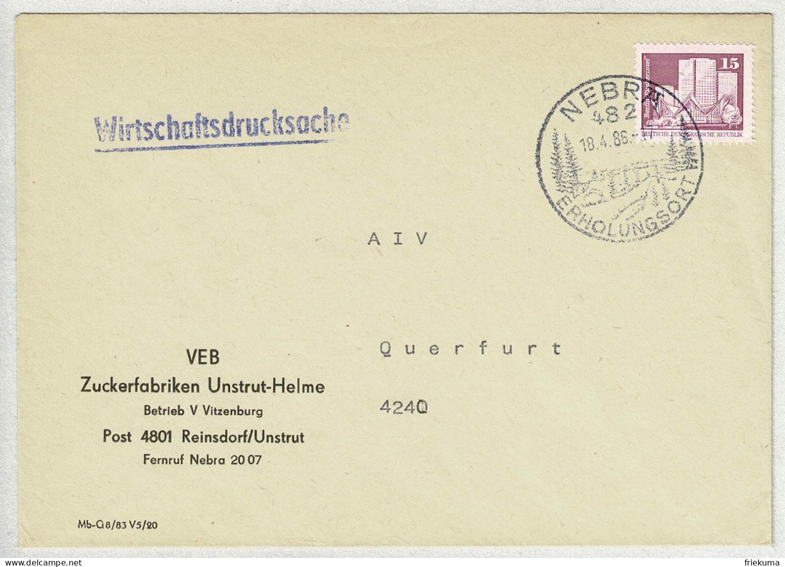 DDR 1986, Brief Wirtschaftsdrucksache Nebra - Querfurt, Erholung / Recreation - Sonstige & Ohne Zuordnung