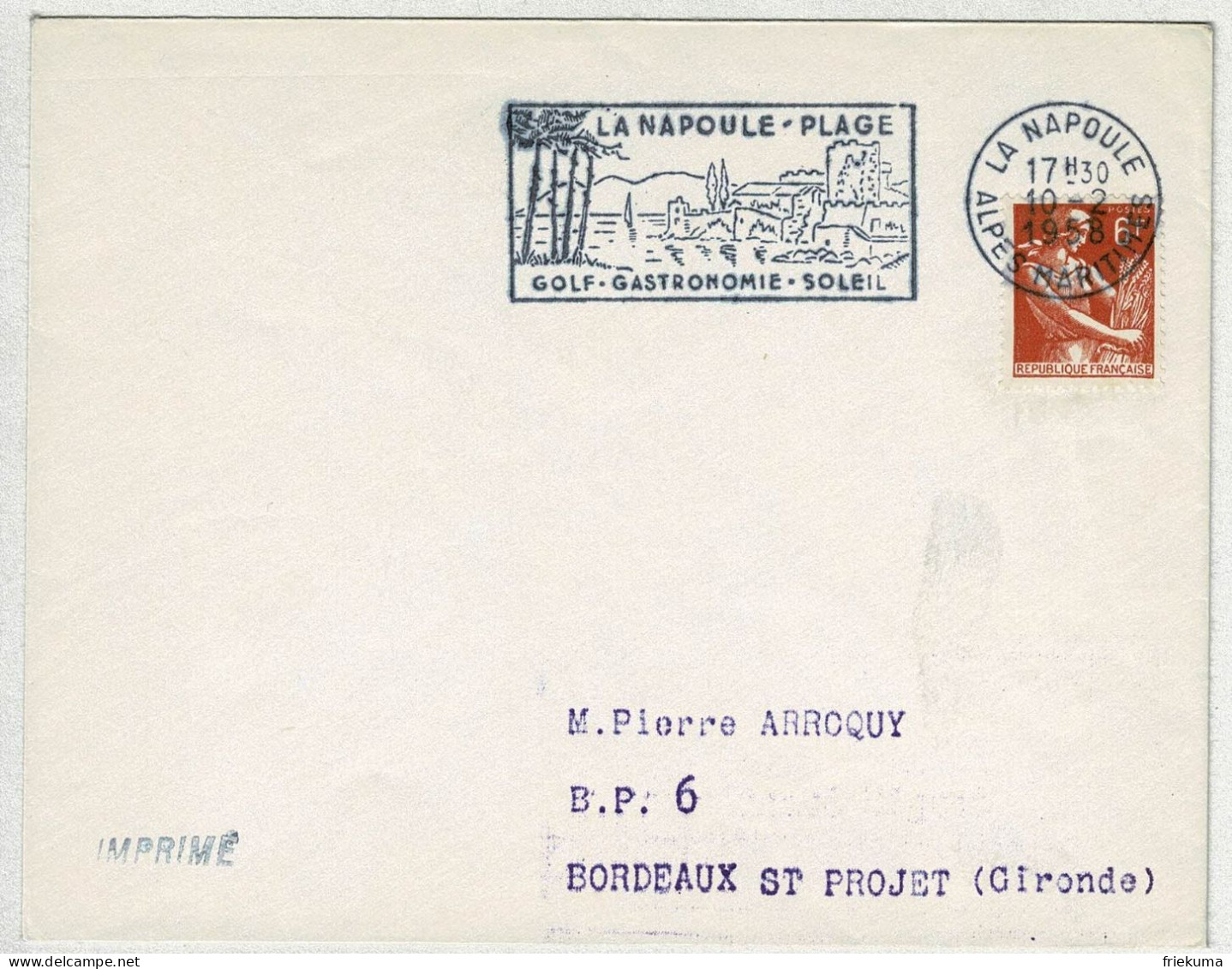 Frankreich / France 1958, Brief La Napoule - Bordeaux, Gastronomie, Golf, Soleil / Sonne / Sun - Hôtellerie - Horeca
