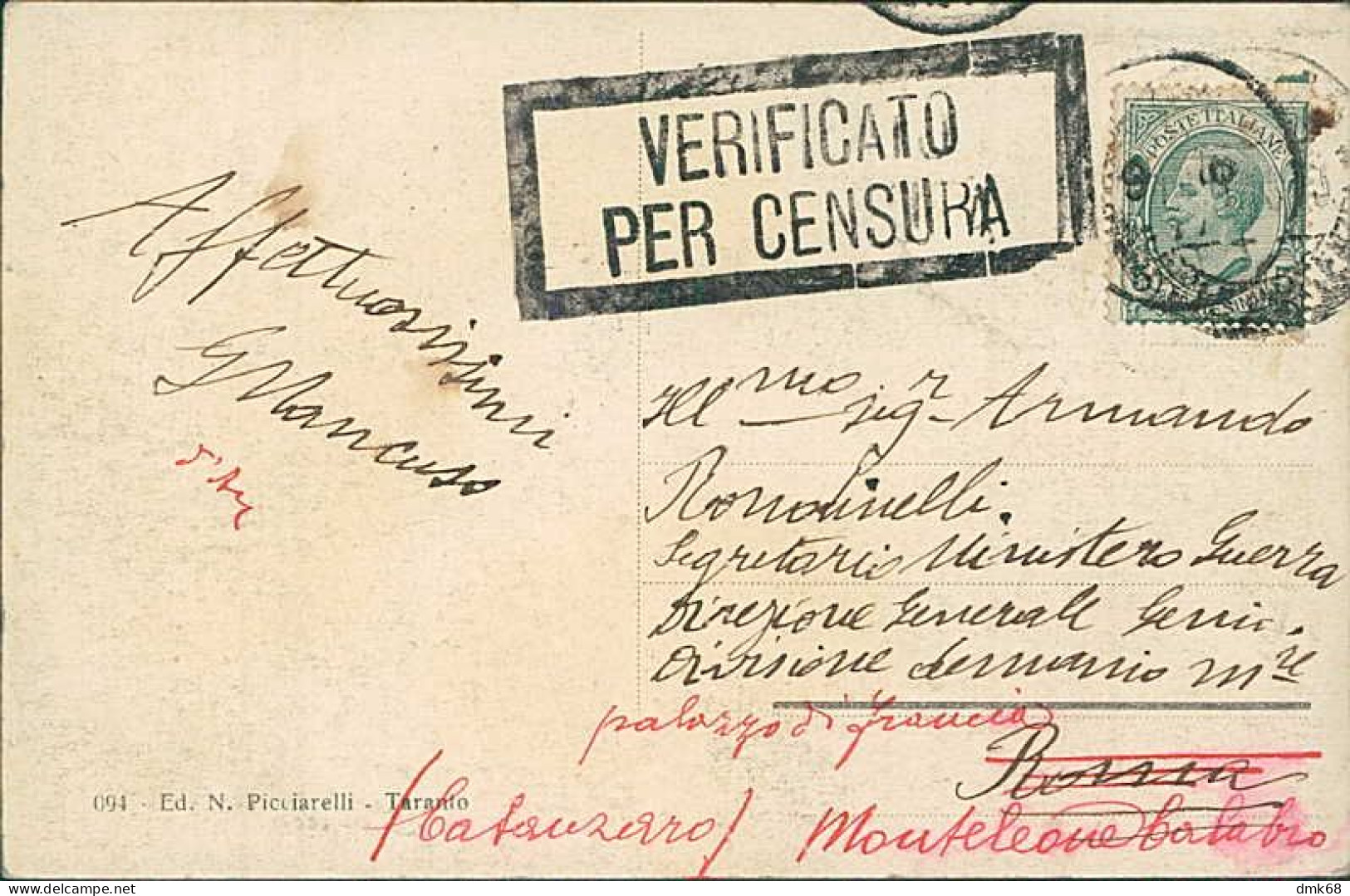 TARANTO - PIAZZA FONTANA E VIA GARIBALDI - ED. PICCIARELLI - SPEDITA - 1910s - VERIFICATO PER CENSURA (20827) - Taranto