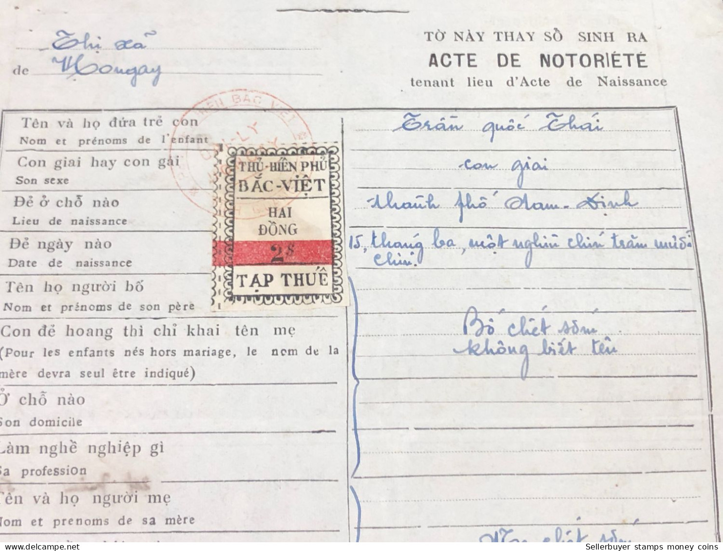 Viet Nam Suoth Old Documents That Have Children Authenticated(2 $ Overprint Thu Hien Phu Bac Viet1951) PAPER Have Wedge - Sammlungen
