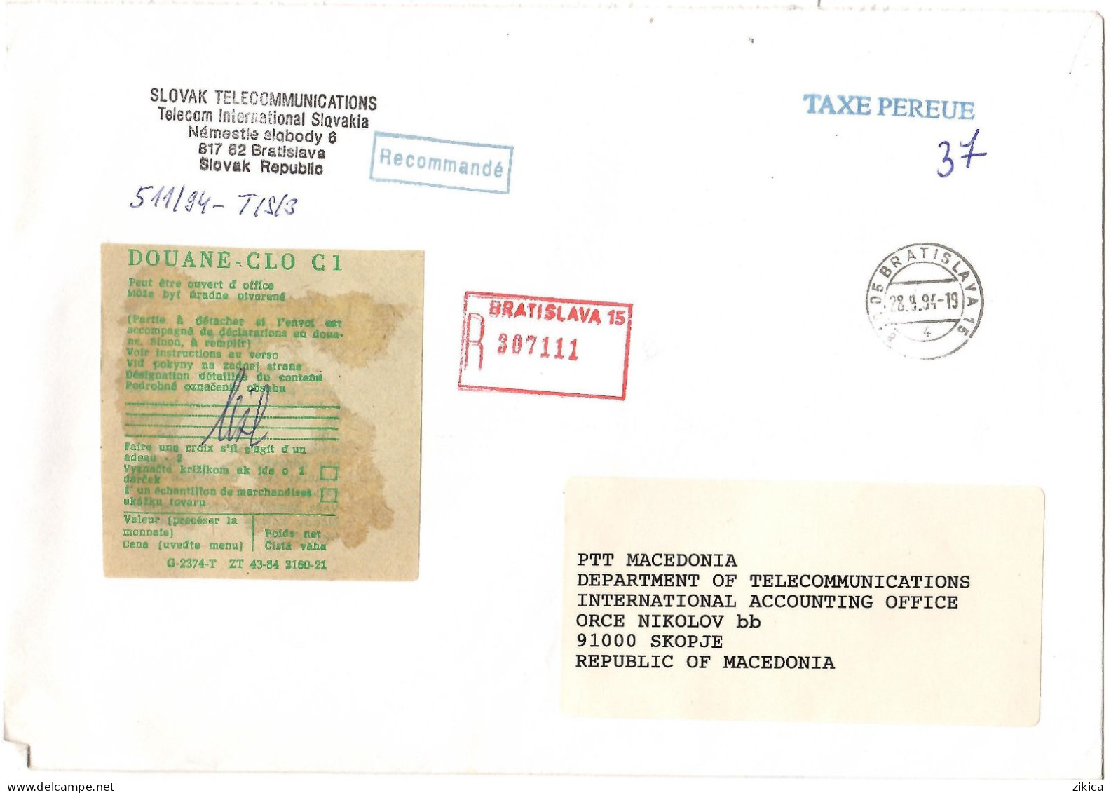 BIG COVER - Slovakia ,R - Letter Via Macedonia,canceled 1994,DOUANE - Covers & Documents