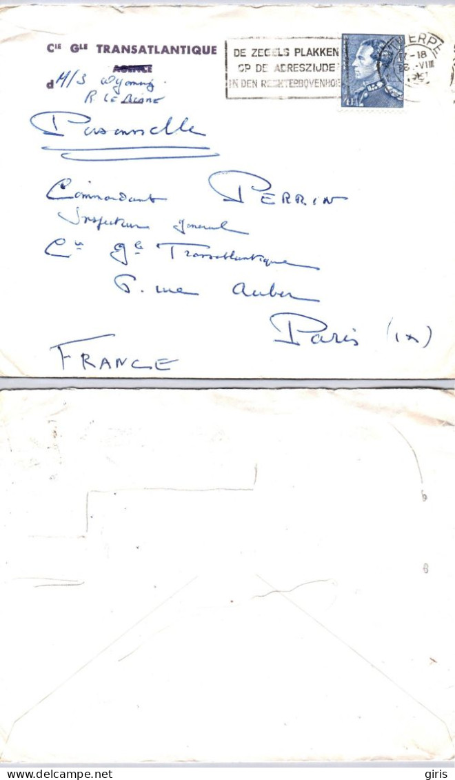 Belgique - Brief Van Anvers Antwerpen 1 - Pour Paris Commandant Perrin Cie Gle Transatlantique - Other & Unclassified