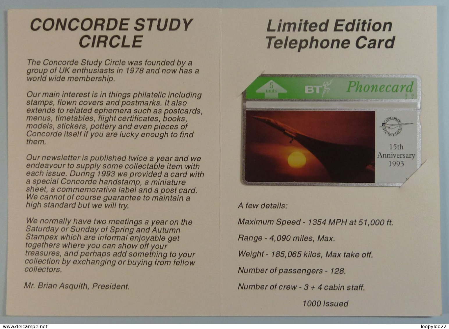 UK - BT - L&G - Aviation - Concorde Study Circle - 15th Anniversary - 402E - BTG246 - Ltd Ed - 1000ex - Mint In Folder - BT Emissions Générales