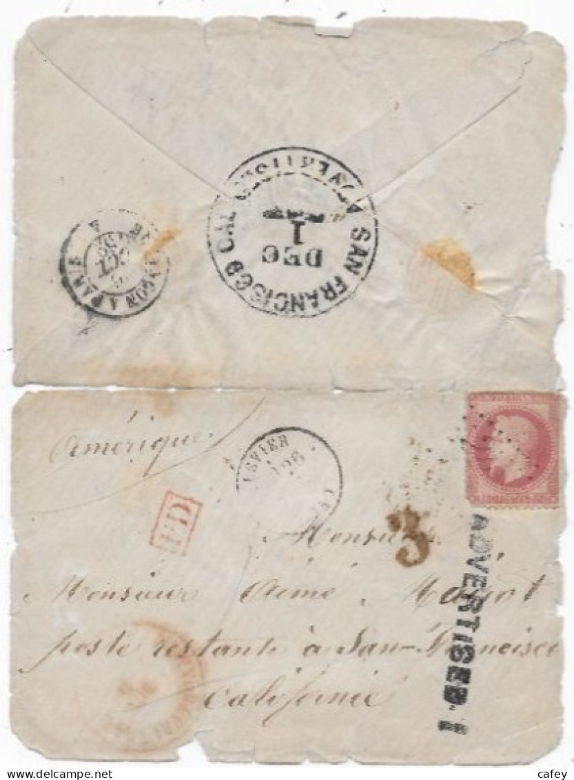 Lettre De LEVIER DOUBS 1869 P/ USA Timbre GC S N° 31 +  Griffe ADVERTISED Et Càd Verso Poste Restante Support Défectueux - 1863-1870 Napoléon III. Laure