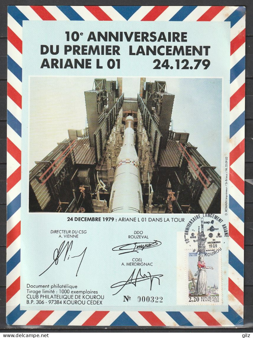 Document Philatélique, 10eme Anniversaire Lancement Ariane L01,tirage 1000ex  ,24/12/1979 Tp Yv 2593 - Covers & Documents