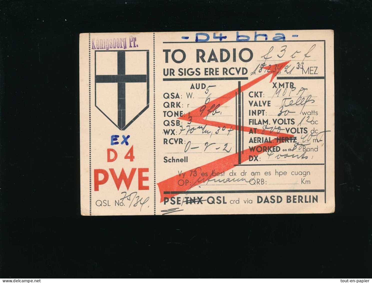 QSL PSE Carte Radio - 1934 - Allemagne Deutschland Berlin  Konisberg Pr. Ex D4 PWE - Amateurfunk