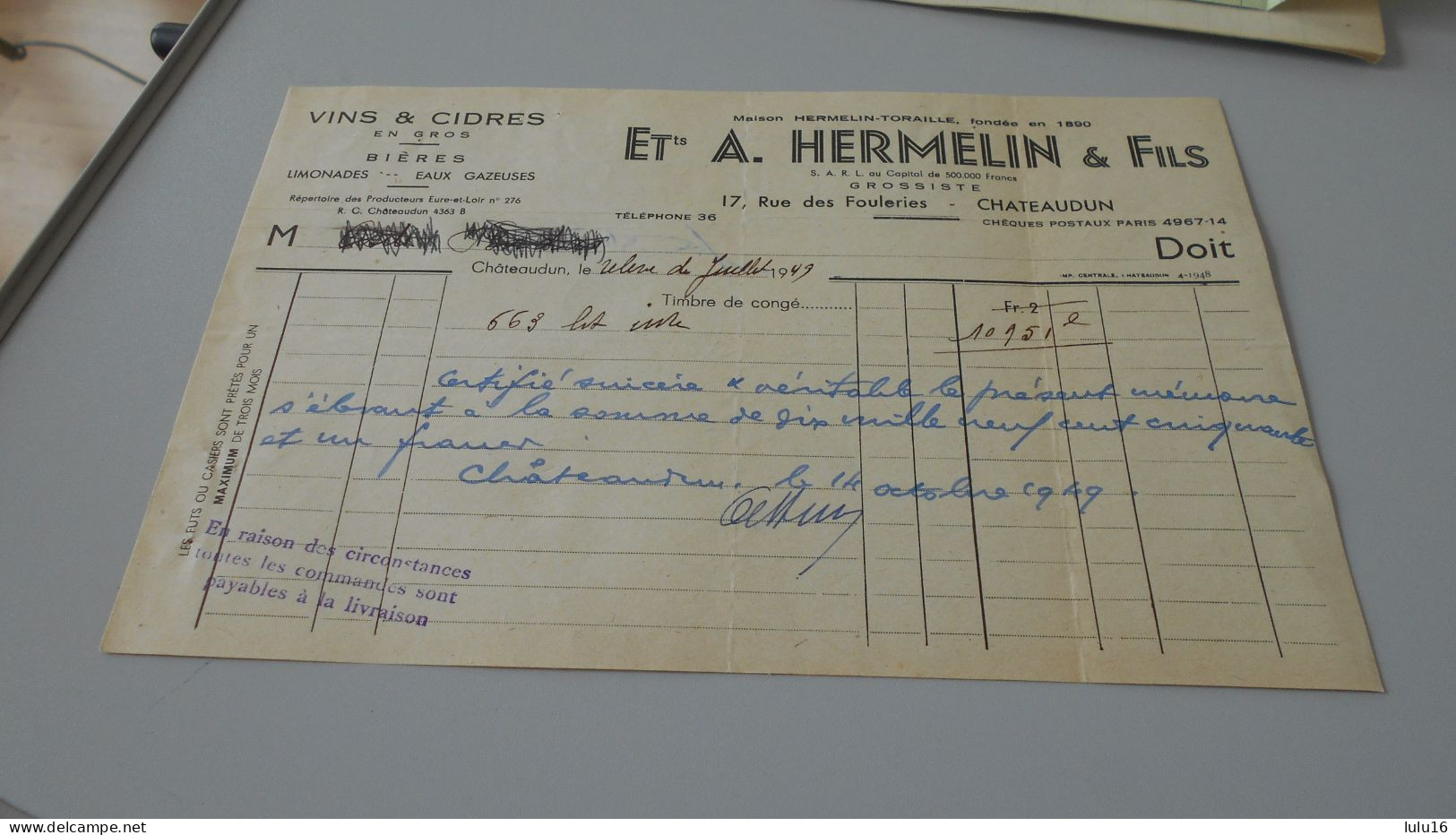 CHATEAUDUN   ETS A HERMELIN ET FILS ... - 1900 – 1949