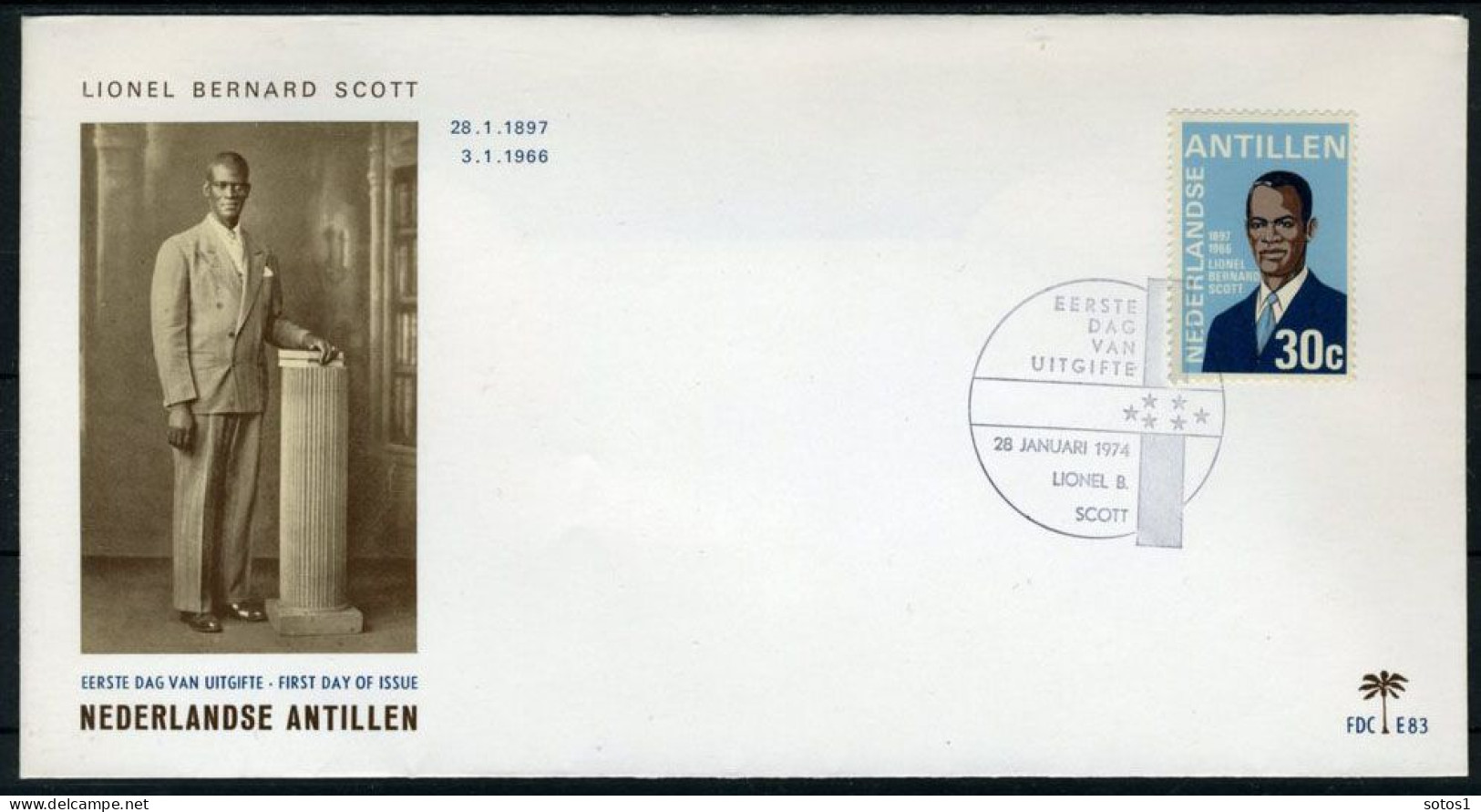 NL. ANTILLEN E83 FDC 1974 - Lionel Bernhard Scott, Politicus - Niederländische Antillen, Curaçao, Aruba