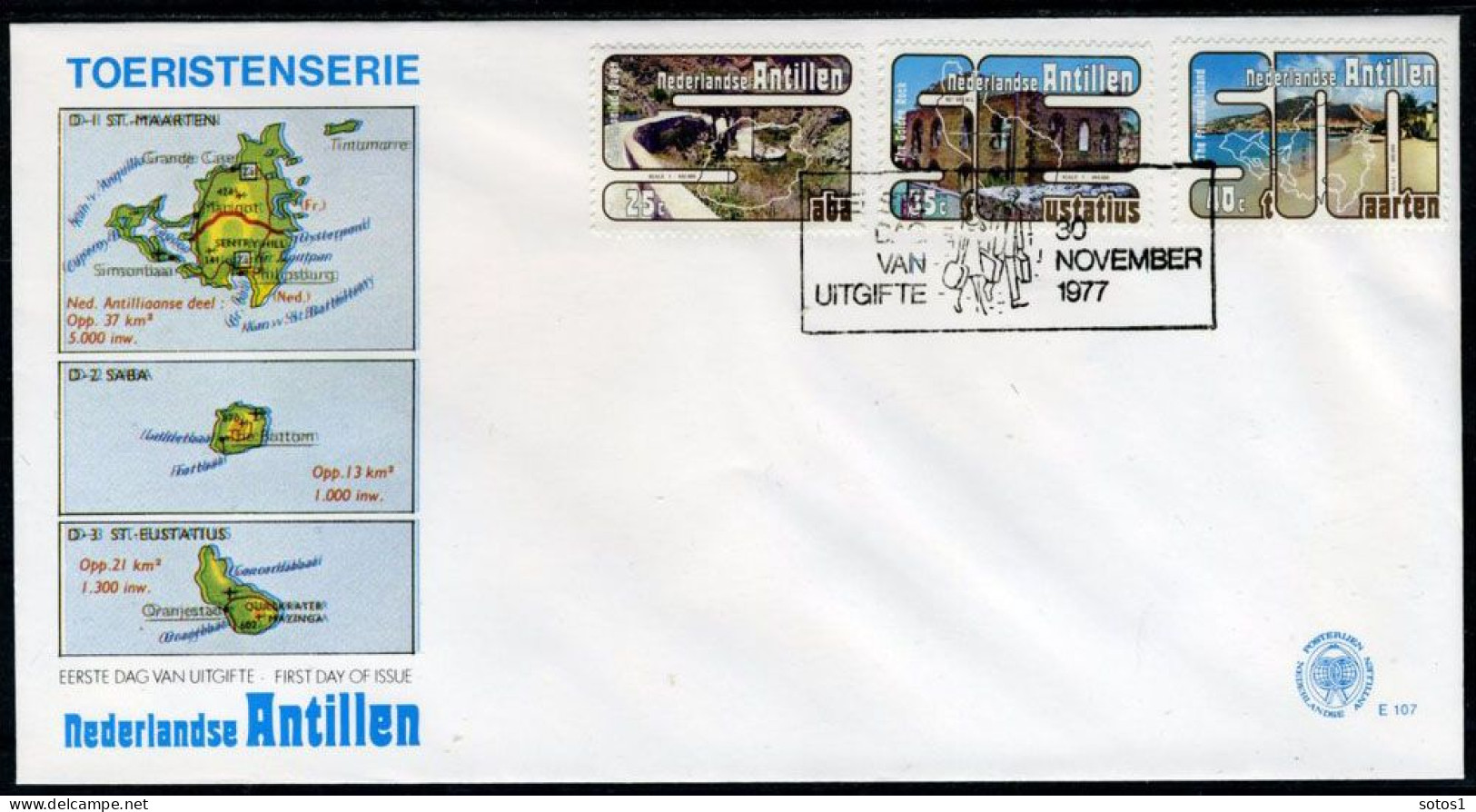 NL. ANTILLEN E107 FDC 1977 - Toerisme, Bovenwindse Eilanden - Curacao, Netherlands Antilles, Aruba