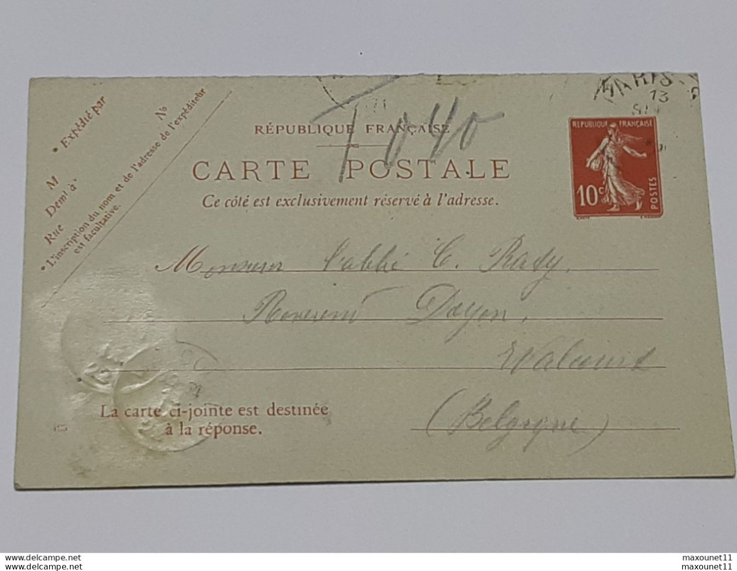 Entier Postal Type Semeuse Envoyée De Paris Vers Walcourt Le 13 Septembre 1922 .. Lot10 . - Cartes Postales Types Et TSC (avant 1995)