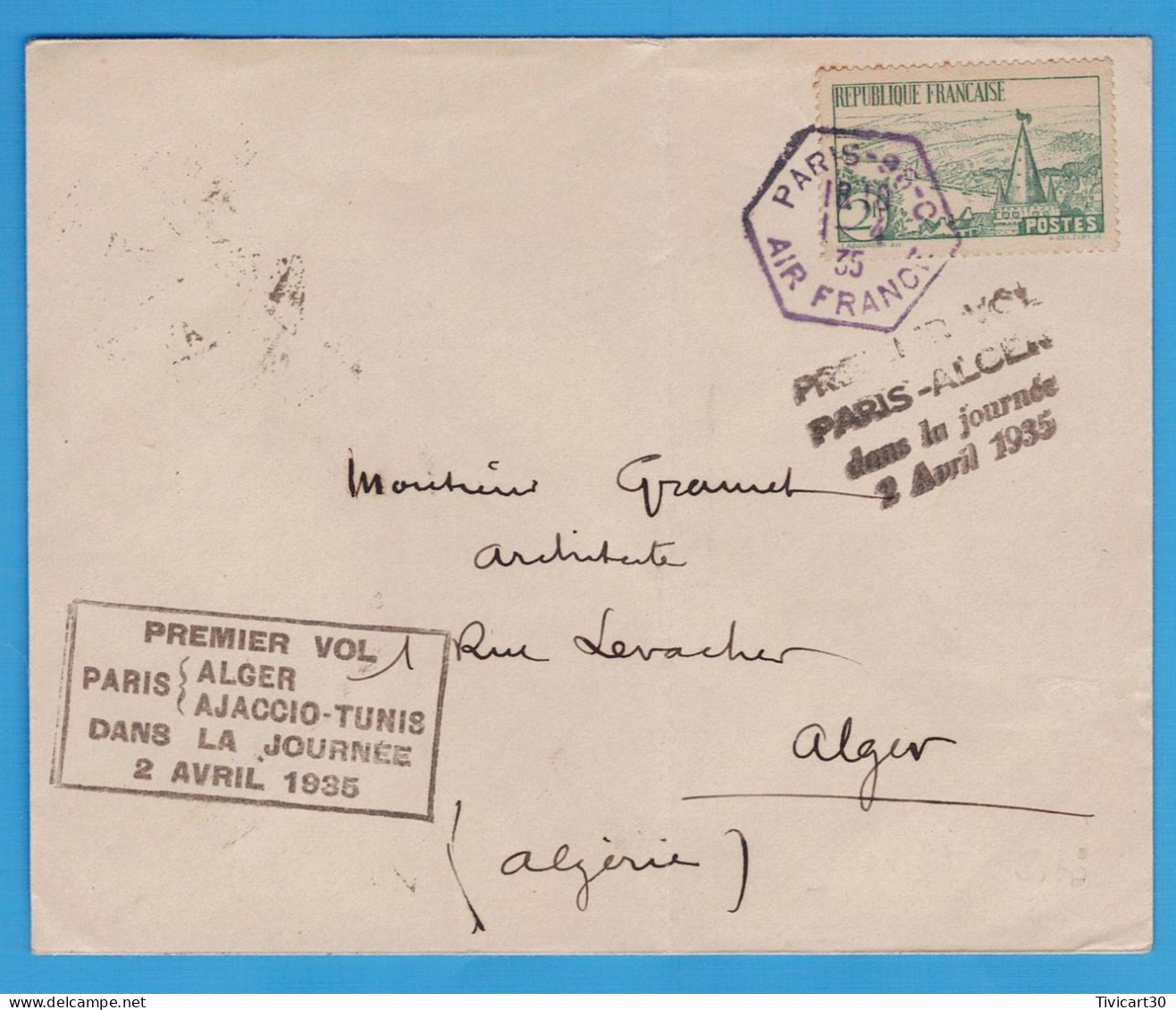 LETTRE PAR AVION - PREMIER VOL PARIS ALGER DANS LA JOURNEE 2 AVRIL 1935 - OBLITERATIONS AIR FRANCE ET ALGER - 1927-1959 Lettres & Documents