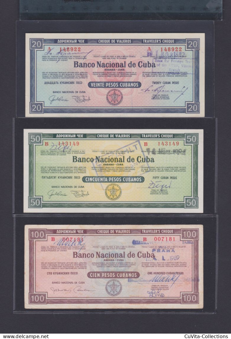 Cuba 20/50/100 Pesos Cheques De Viajeros Años 80 Lote De 3 Billetes - Cuba