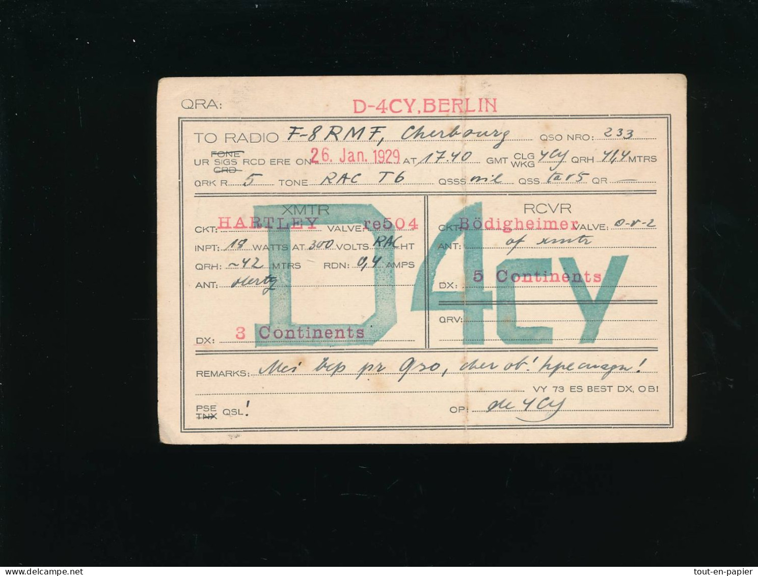 QSL  Carte Radio - 1929 - Allemagne Deutschland Berlin Via D.A.S.D..To Cherbourg France  D4cy - Radio Amateur