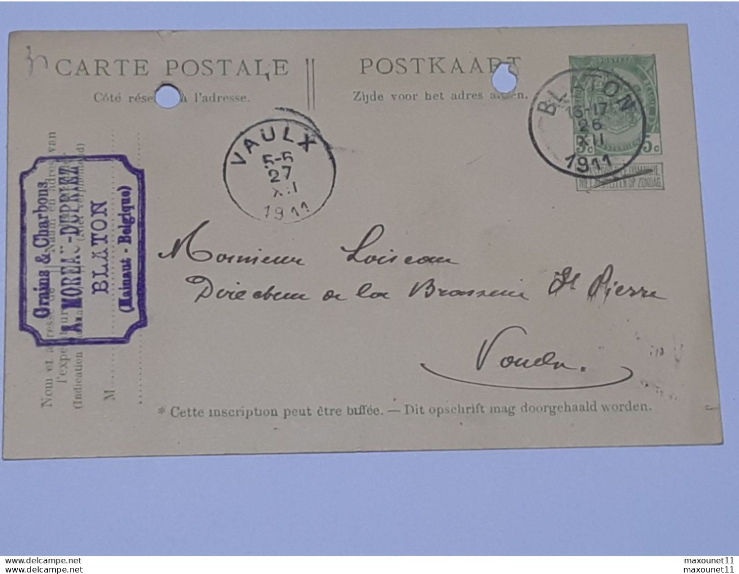 E.P. Envoyé Vers La Brasserie St Pierre De Vaulx Avec Griffe Grains Et Charbons Moreau - Dupriez à Blaton .. Lot10 . - Cartes Postales Types Et TSC (avant 1995)