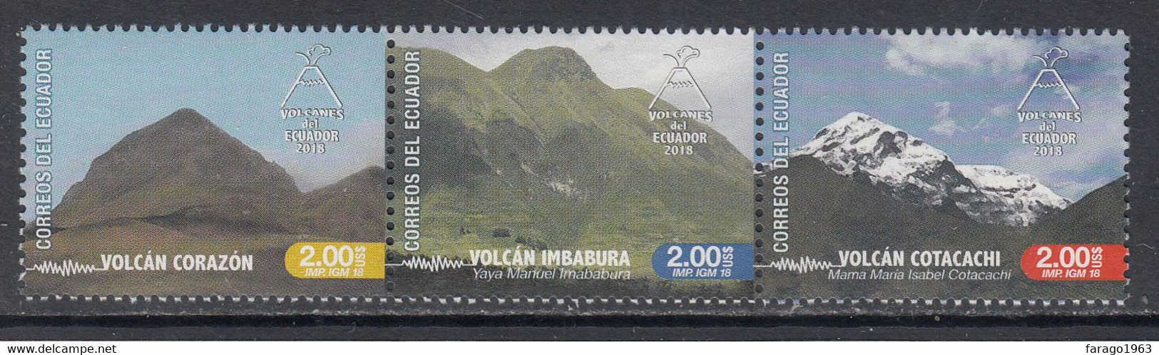 2018 Ecuador Volcanoes Geology  Complete Strip Of 3 MNH - Equateur