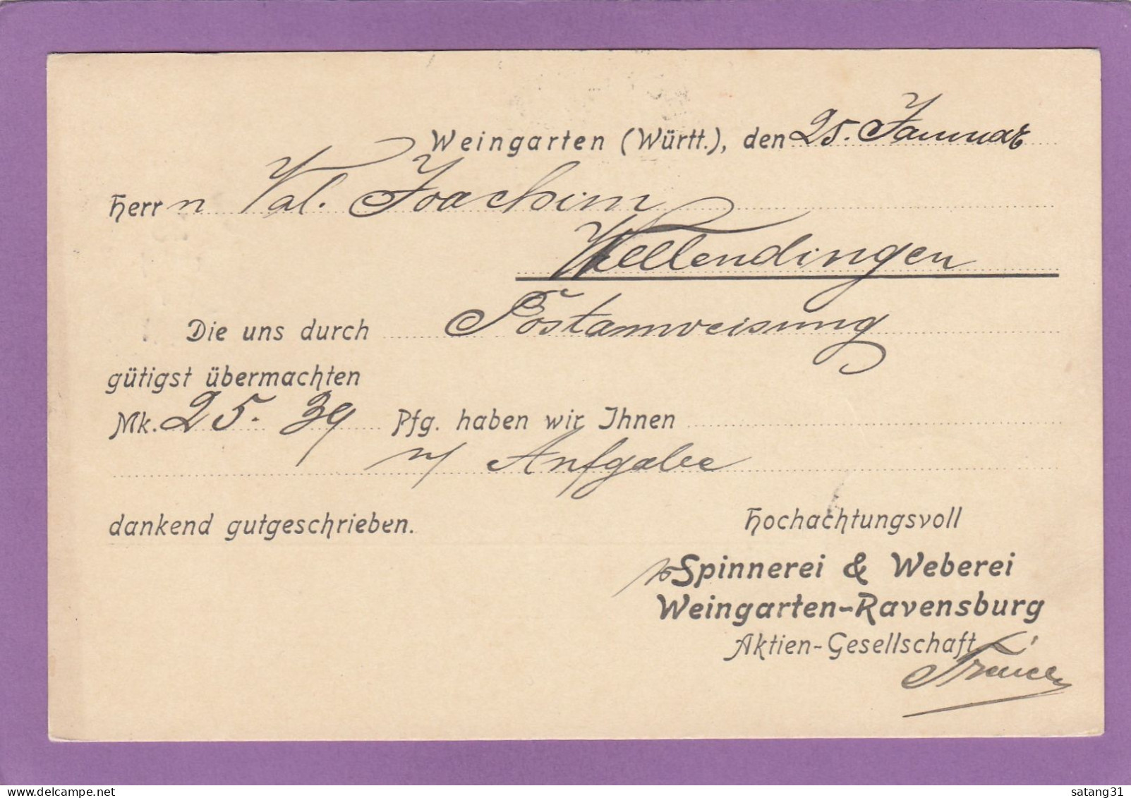 POSTKARTE AUS EINER SPINNEREI & WEBEREI IN WEINGARTEN NACH WELLENDINGEN,1908. - Lettres & Documents