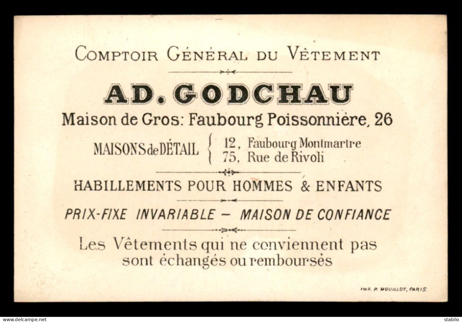 CHROMOS - COMPTOIR GENERAL DU VETEMENT AD. GODCHAU, FG POISSONNIERE PARIS - Other & Unclassified