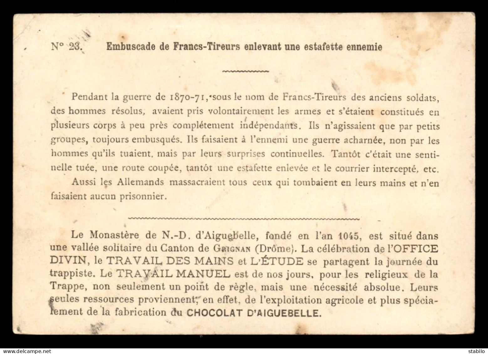 CHROMOS - CHOCOLATERIE D'AIGUEBELLE - EMBUSCADE DE FRANCS-TIREURS - GUERRE DE 1870 - Aiguebelle