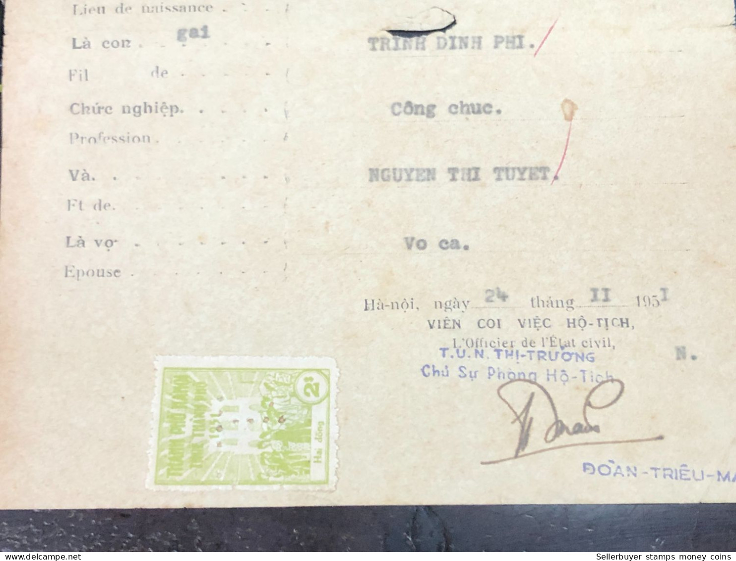 Viet Nam Suoth Old Documents That Have Children Authenticated(2$ Ha Noi 1951) PAPER Have Wedge QUALITY:GOOD 1-PCS Very R - Collezioni