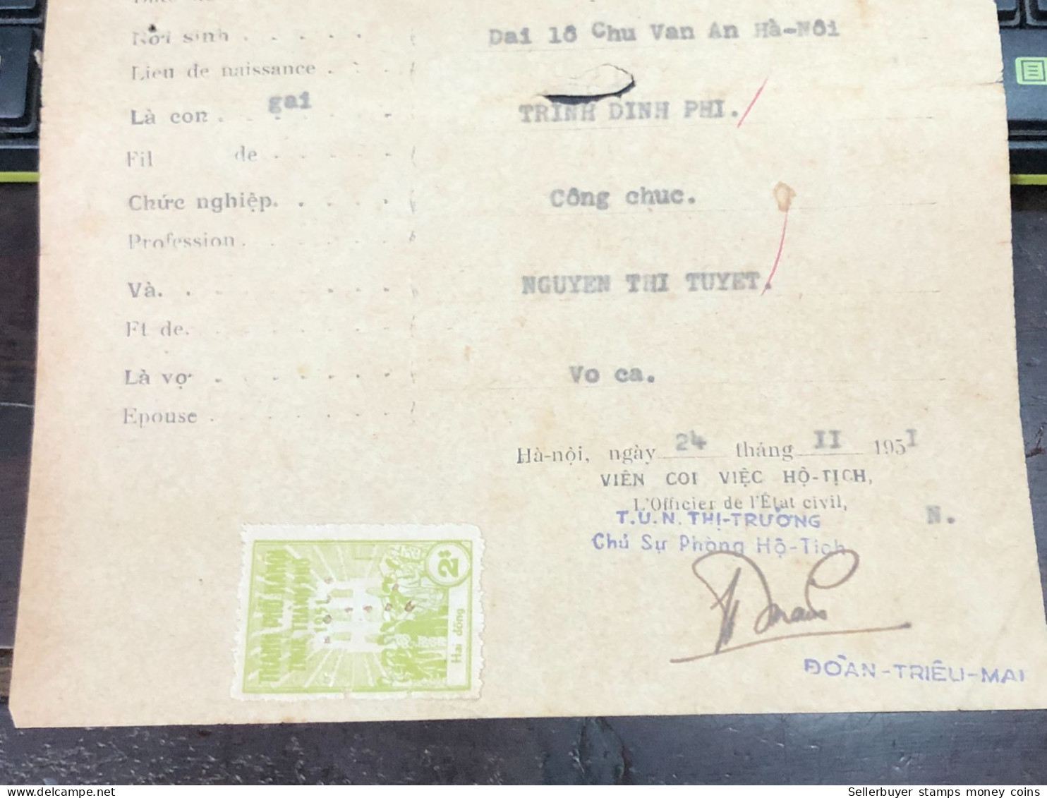 Viet Nam Suoth Old Documents That Have Children Authenticated(2$ Ha Noi 1951) PAPER Have Wedge QUALITY:GOOD 1-PCS Very R - Collezioni