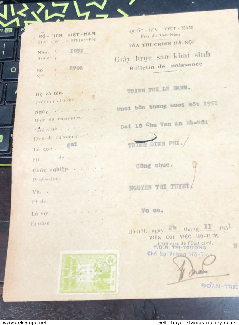 Viet Nam Suoth Old Documents That Have Children Authenticated(2$ Ha Noi 1951) PAPER Have Wedge QUALITY:GOOD 1-PCS Very R - Collezioni