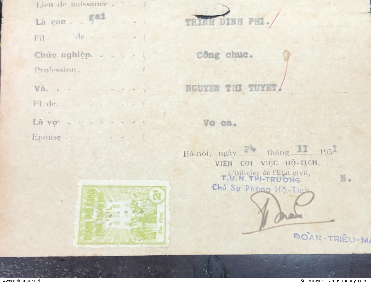 Viet Nam Suoth Old Documents That Have Children Authenticated(2$ Ha Noi 1951) PAPER Have Wedge QUALITY:GOOD 1-PCS Very R - Collections