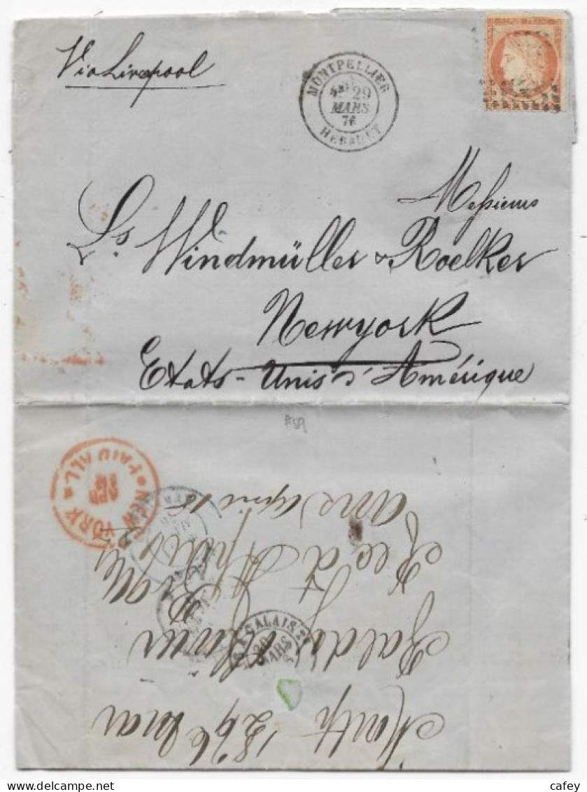 Lettre De MONTPELLIER HERAULT 1876 Càd Type 18  P/ USA Timbre GC S N° 38  état Moyen - 1849-1876: Klassik