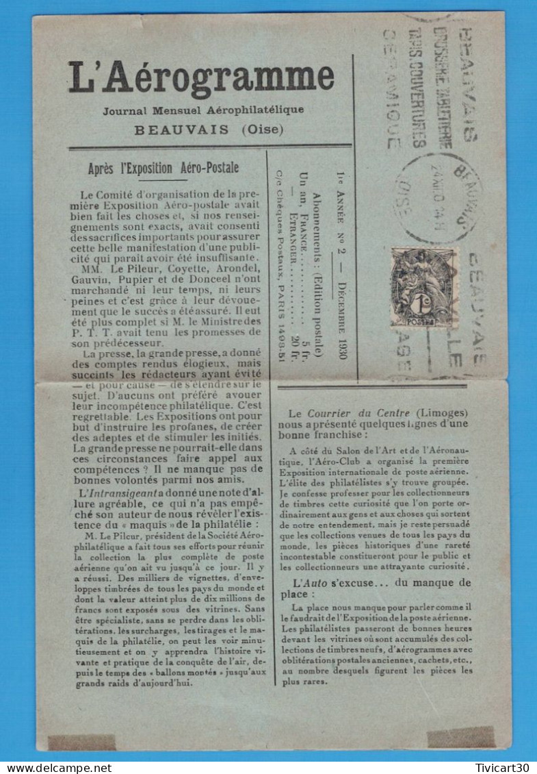 JOURNAL MENSUEL AEROPHILATELIQUE "L'AEROGRAMME" BEAUVAIS (OISE) - N°2 DECEMBRE 1930 - PAR AVION - 1927-1959 Covers & Documents