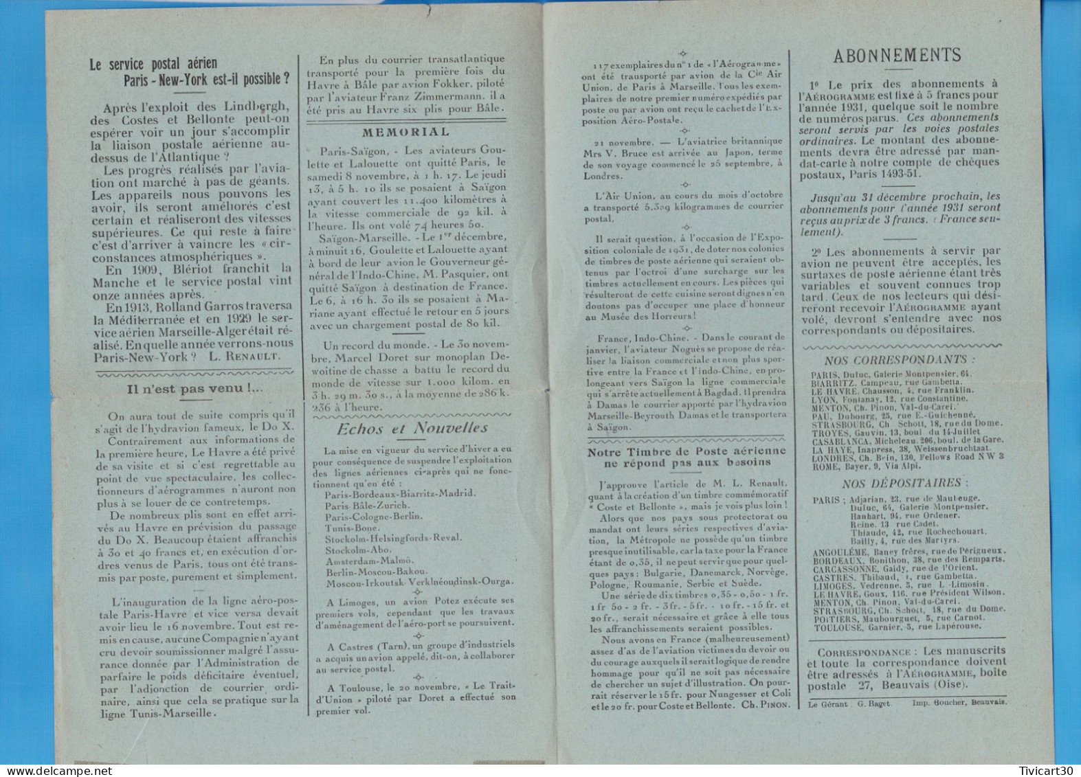 JOURNAL MENSUEL AEROPHILATELIQUE "L'AEROGRAMME" BEAUVAIS (OISE) - N°2 DECEMBRE 1930 - PAR AVION - 1927-1959 Briefe & Dokumente