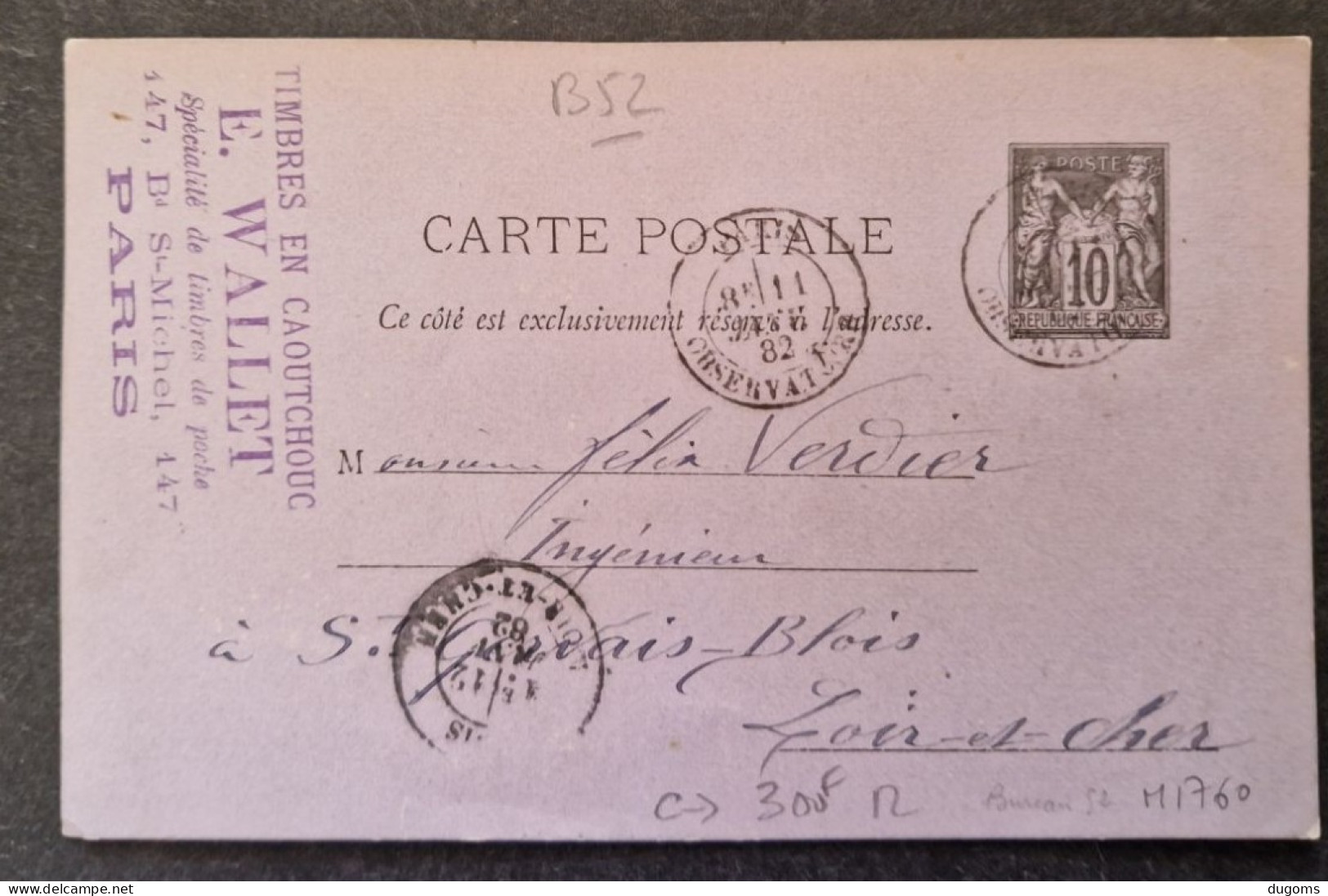 LETTRE TYPE SAGE OBLITERATION PARIS OBSERVATOIRE / BUREAU 52 /RARE! - 1877-1920: Semi Modern Period