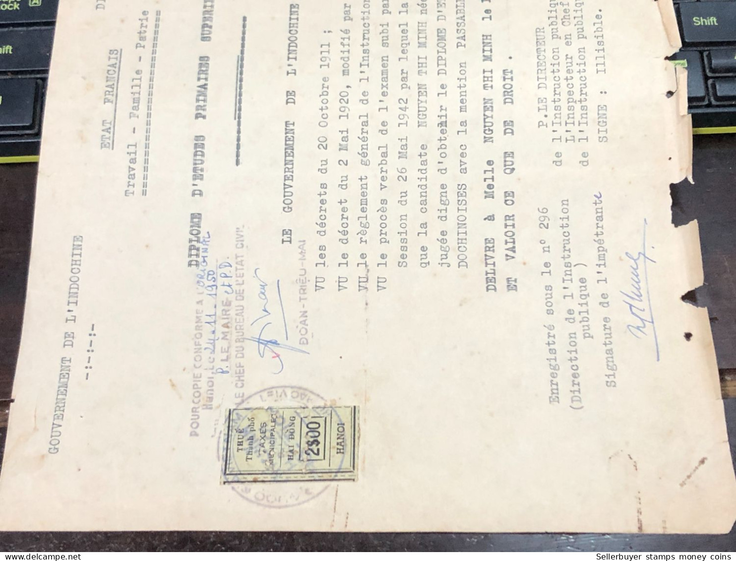 Viet Nam Suoth Old Documents That Have Children Authenticated(2$ Ha Noi 1950) PAPER Have Wedge QUALITY:GOOD 1-PCS Very R - Collezioni