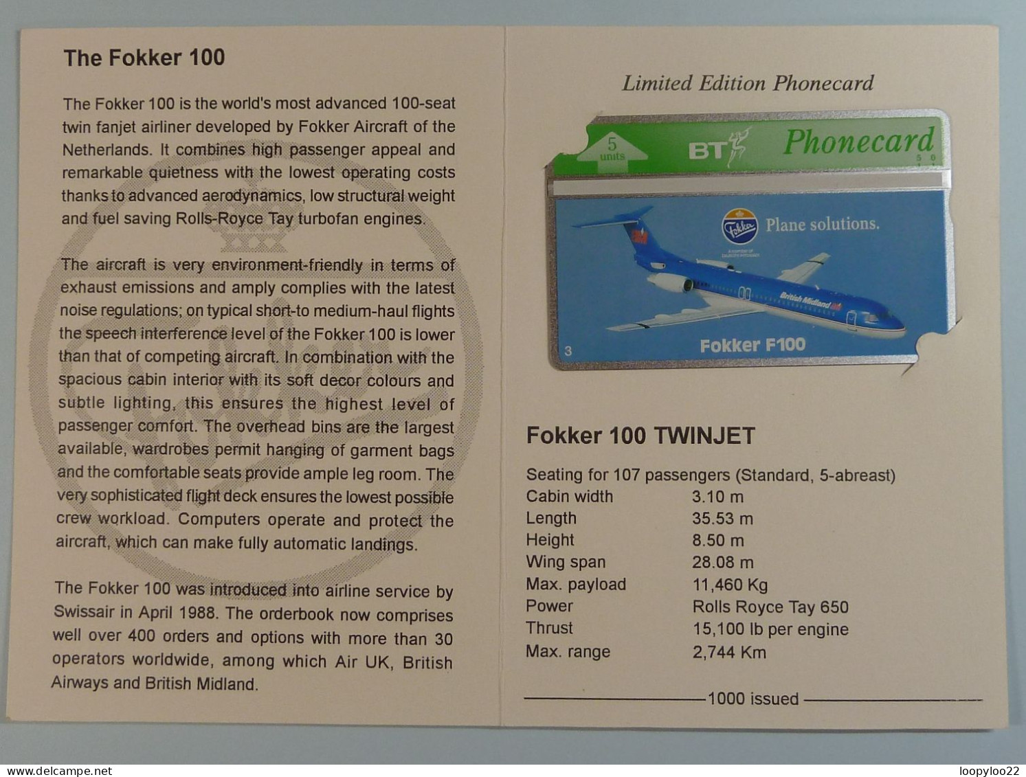 UK - BT - L&G - Aviation - Fokker F100 Of Netherlands - 450G - BTG413 - Ltd Ed - 750ex - Mint In Folder - BT General Issues